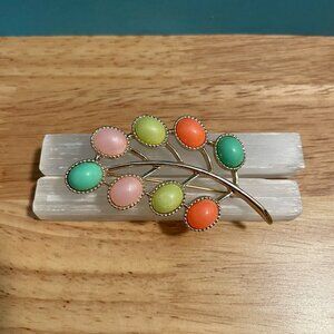 Vintage Sarah Coventry Candy Land Pastel Egg Lucite Cabochon Leaf Brooch 1970s